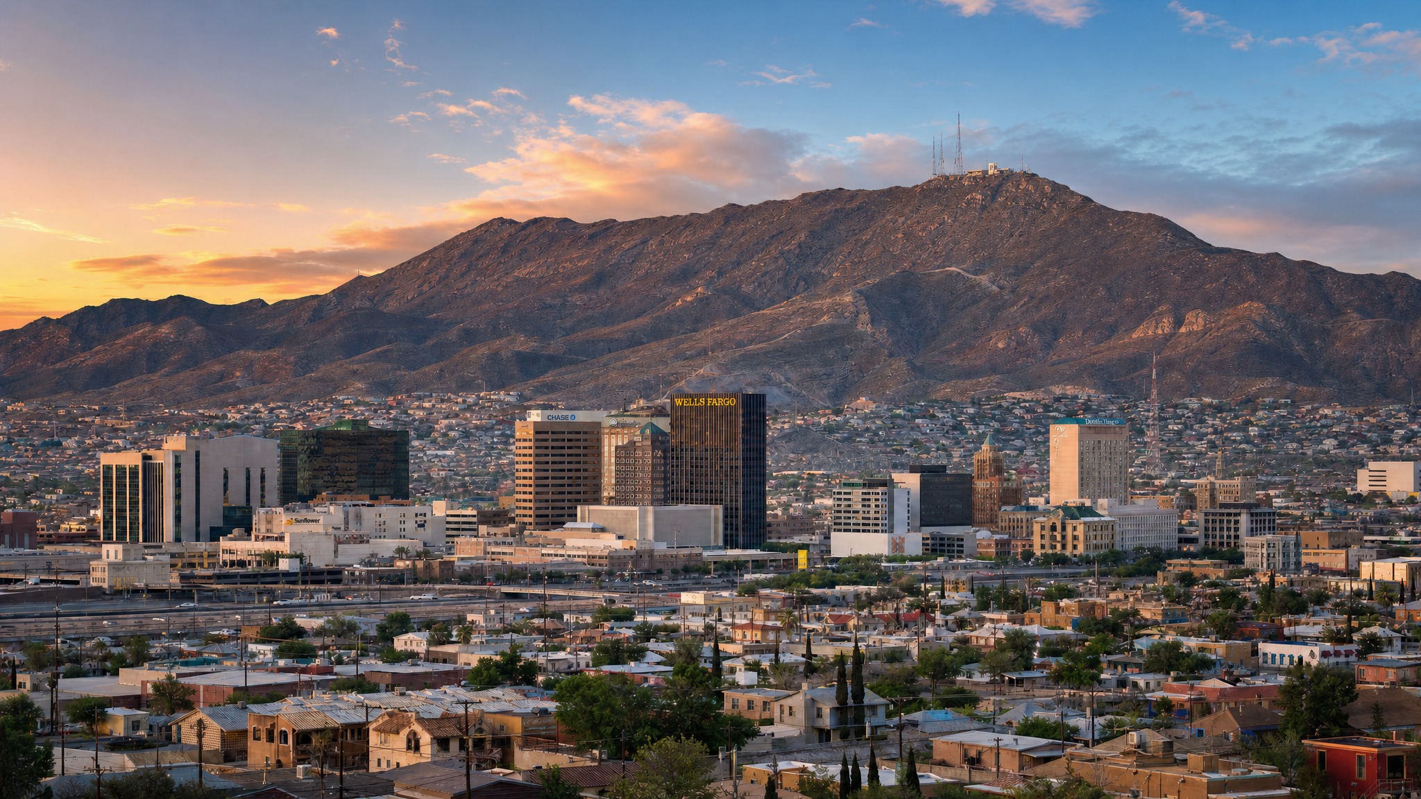 Downtown El Paso and the Franklin Mountains at sunset